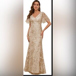 Champagne/gold MOB/MOG Embroidered tulle bell flutter short sleeve gown sz 18W